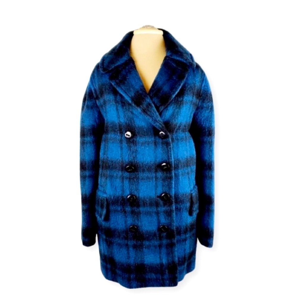 COACH‎ Wool Black & Blue Plaid Double Breast Peacoat Coat New with tags